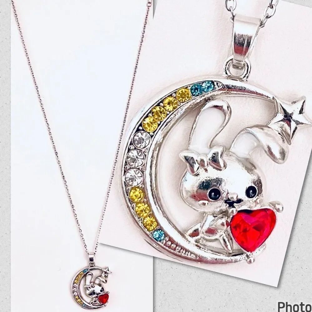 NWT Silver Rabbit on a Crescent Moon with Red Heart Bling Rhinestones Necklace